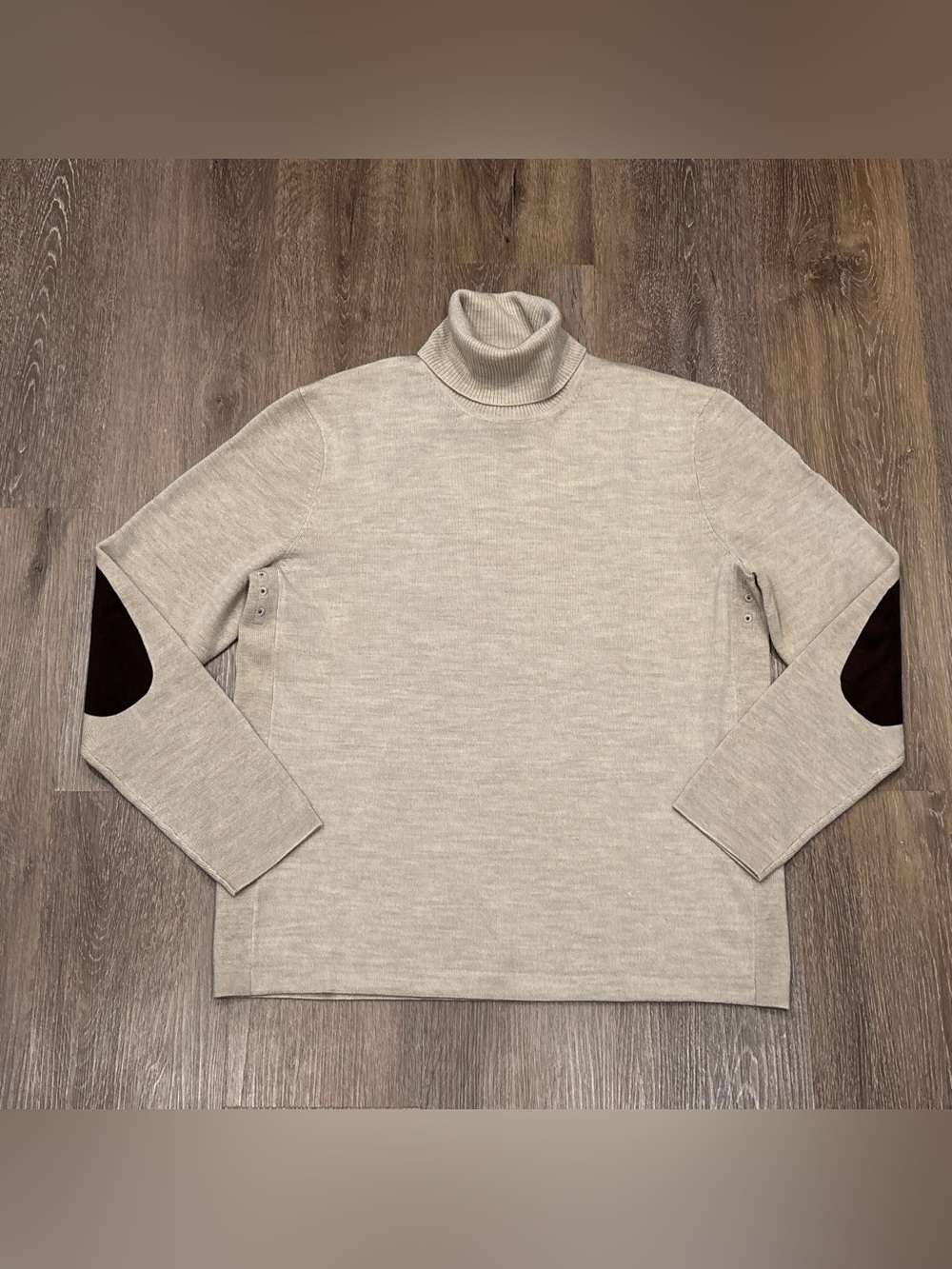 Men's Light Beige Turtleneck Sweater with Elbow Patches - Picture 2 of 12